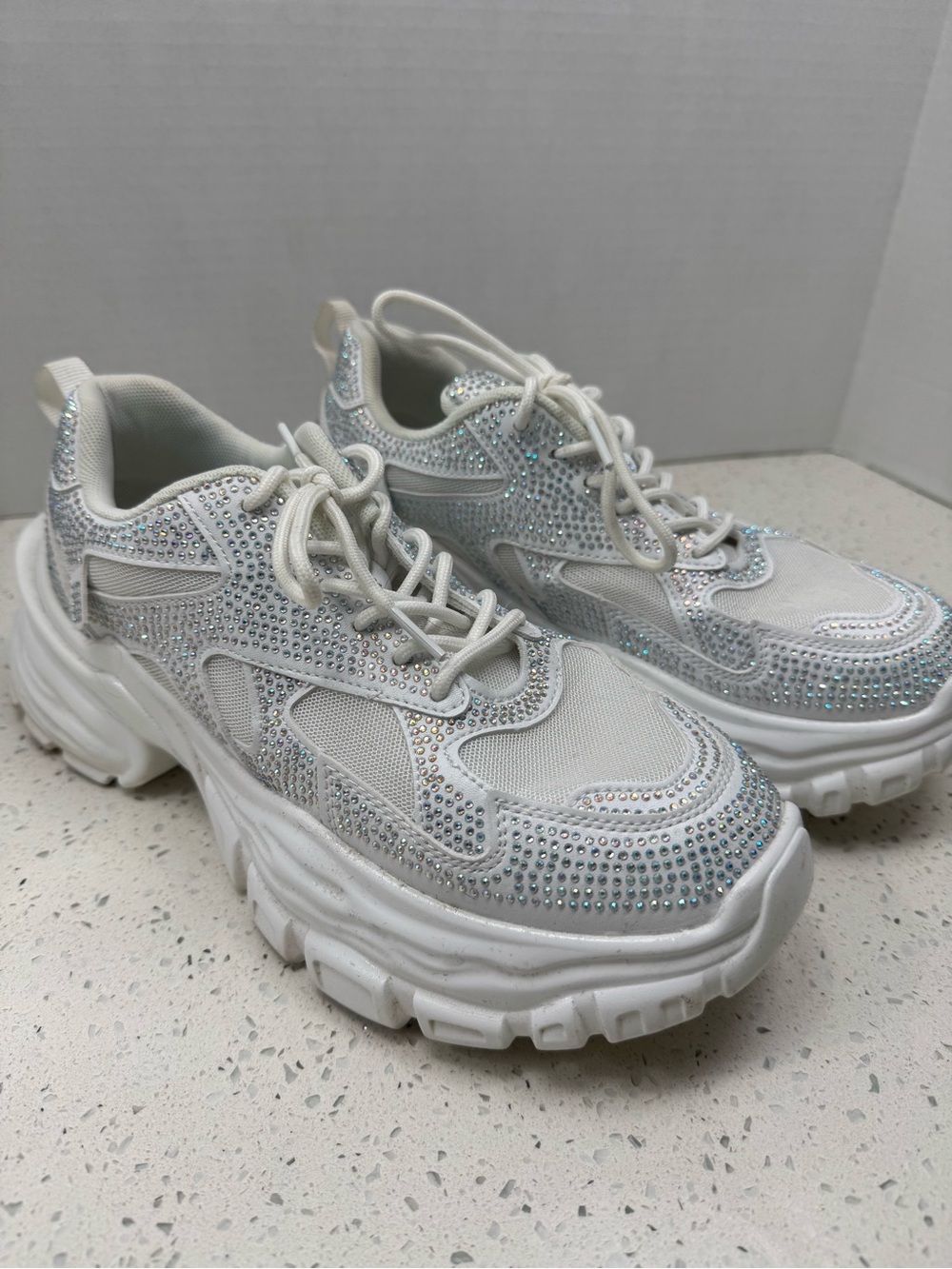 Women's White Crystal Embellished Chunky Sneakers